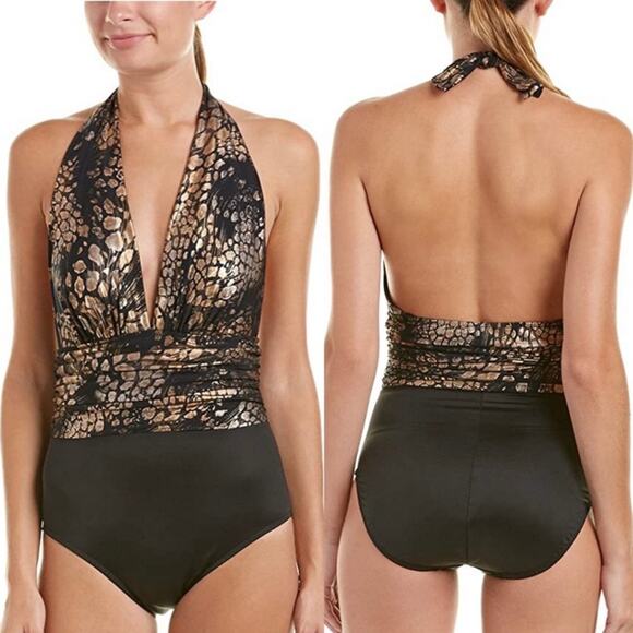 Magicsuit by Miraclesuit NWT Gold Rush Yves One Piece Halter Swimsuit Size 16 - Picture 1 of 12